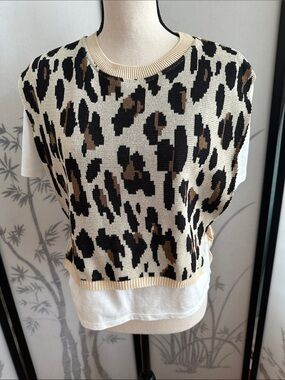 Zara Beige Black Brown Leopard-Print Layered Crew Sweater